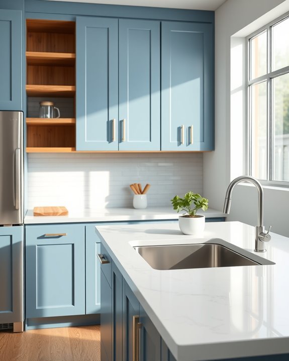 blue cabinets warm wood accents