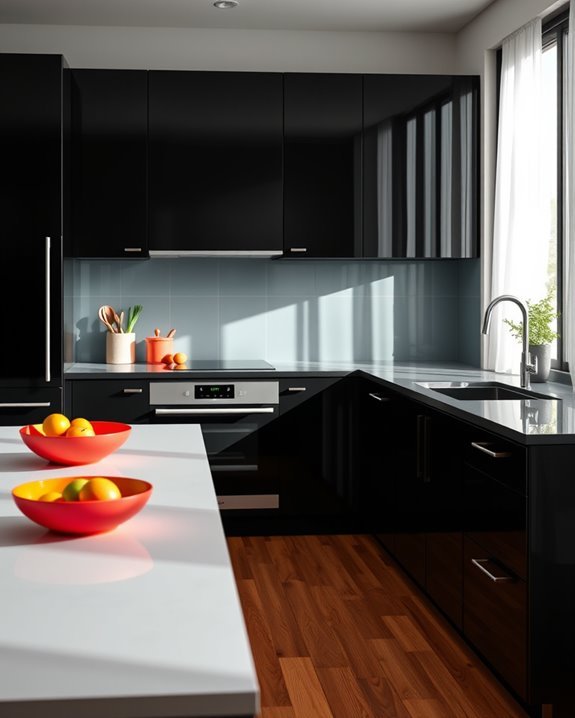bold colors enhance black cabinetry