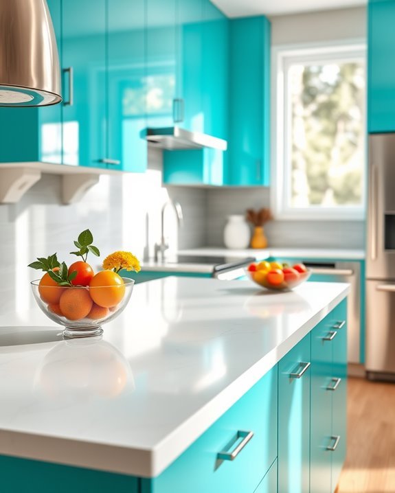 bold glossy turquoise cabinetry