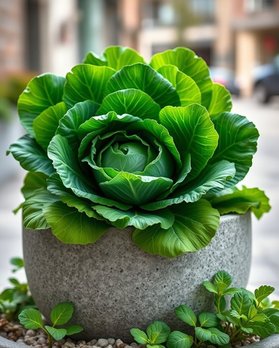 cabbage in concrete containers