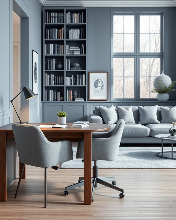 calming grey blue workspace