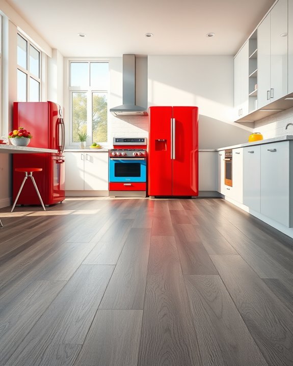 colorful appliances gray floors