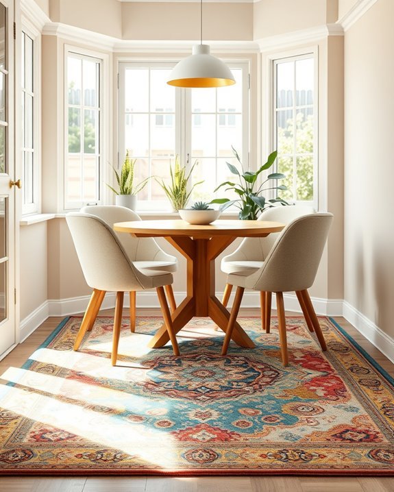 colorful rug enhances dining