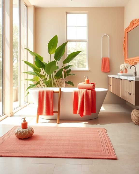 coral accents brighten bathrooms