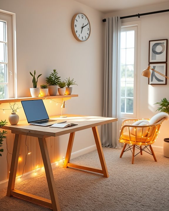 cozy workspace with fairy lights