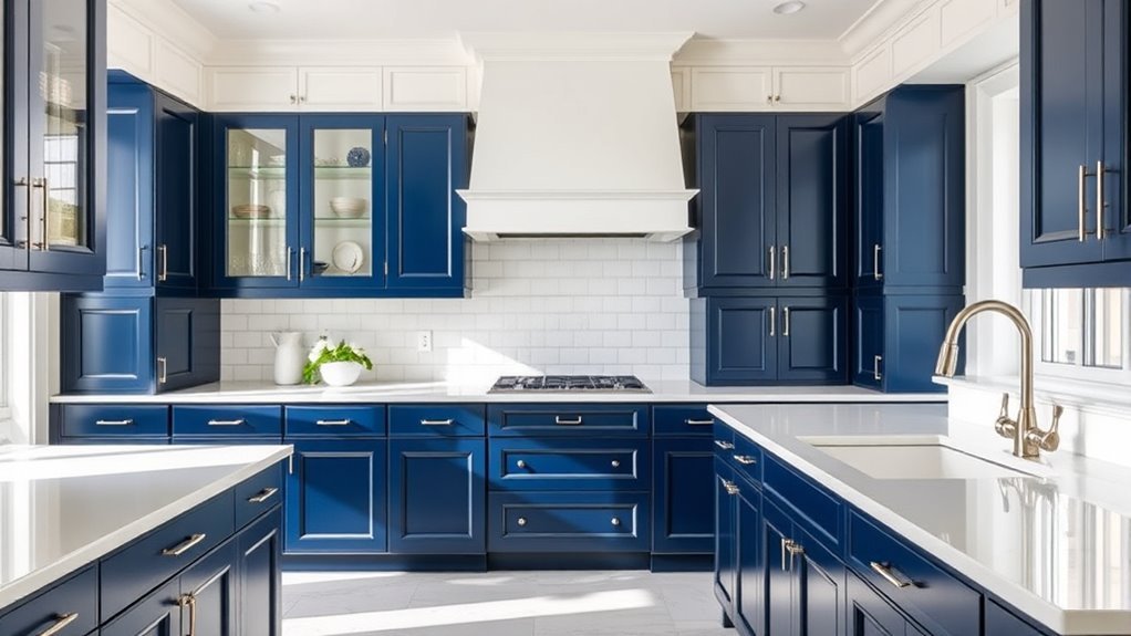 crisp blue and white cabinets