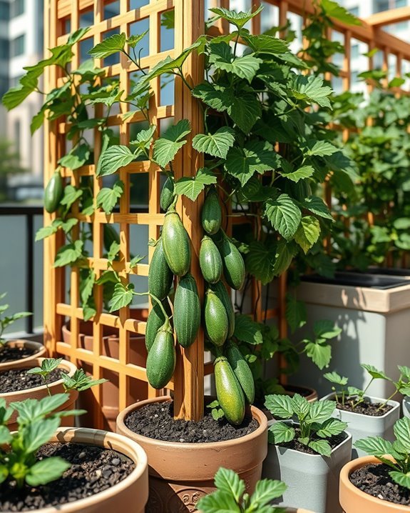cucumbers climbing on trellis