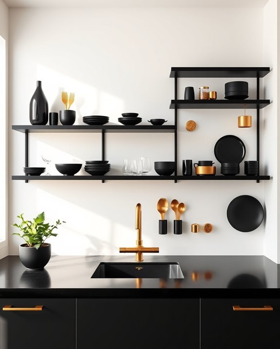 elegant black and gold shelving