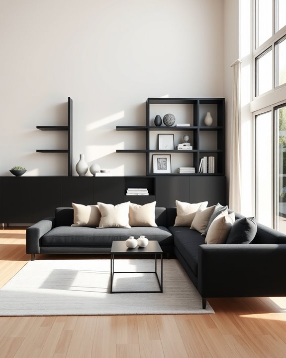 elegant black shelves enhance sophistication