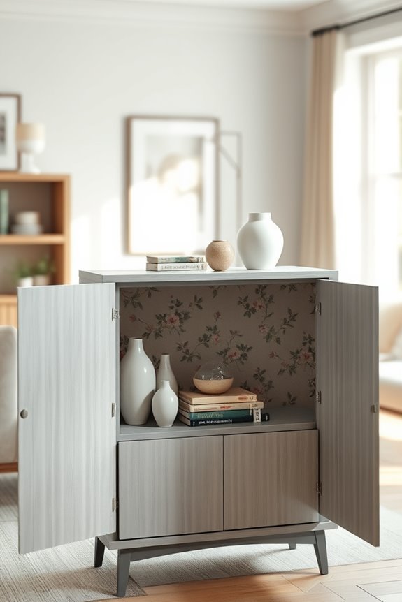 fabric lined accent cabinet interiors