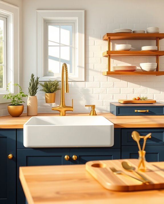gold accents enhance farmhouse style
