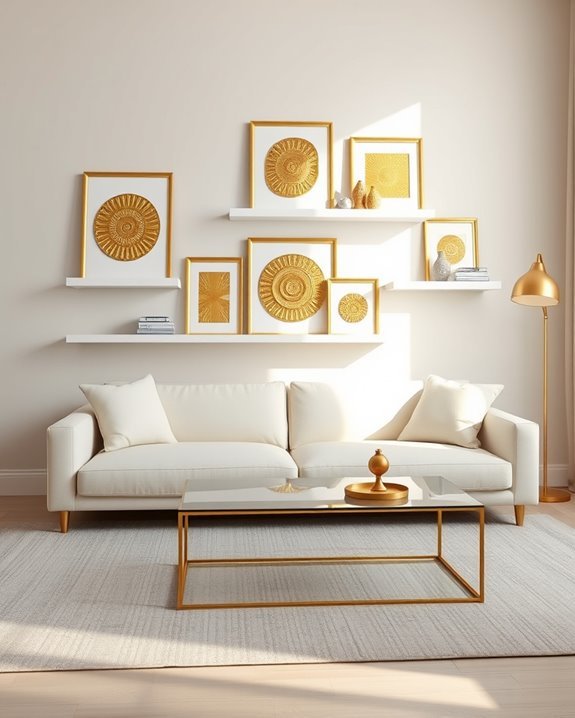 gold artwork on shelves