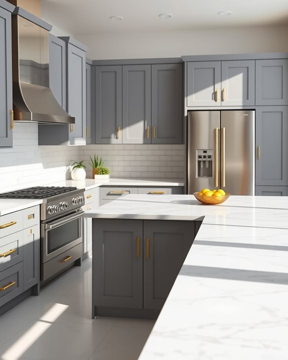 gold hardware enhances grey cabinets