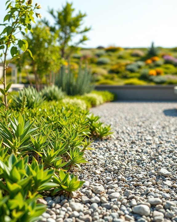 gravel patio with green roof