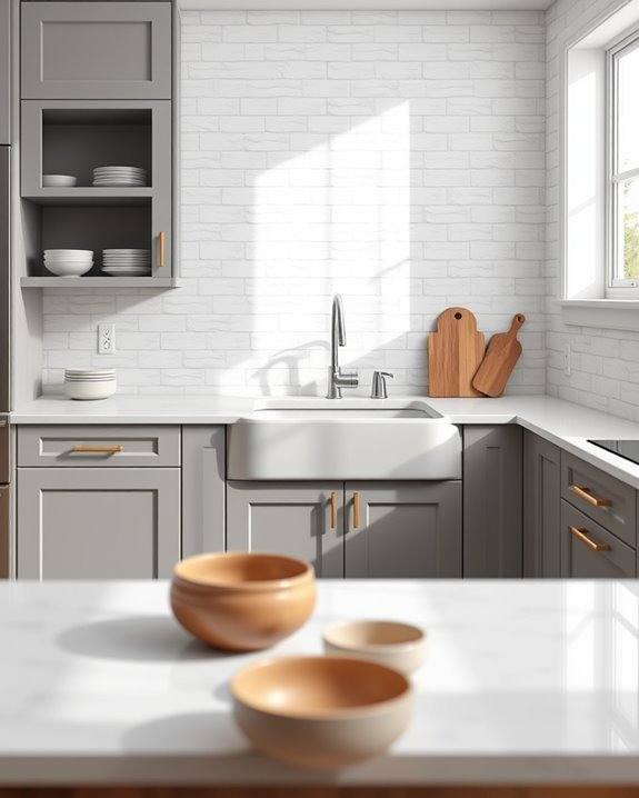 grey cabinets classic subway tiles
