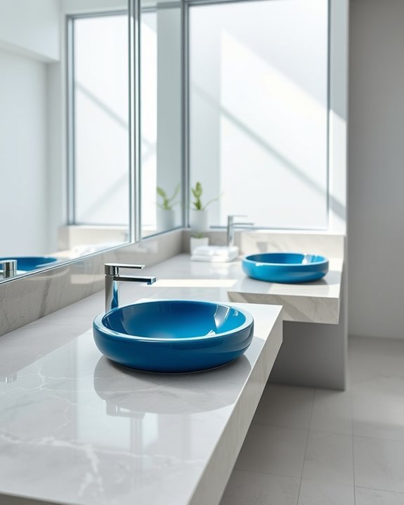 grey countertops blue sinks
