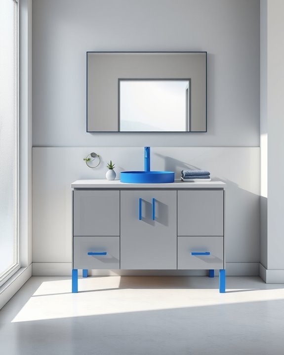 grey vanity blue fixtures