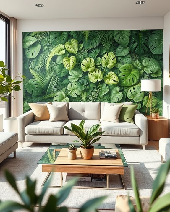 leafy mural living room transformation