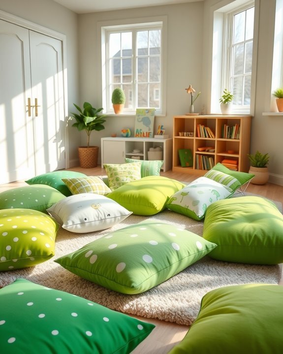 playful green floor cushions