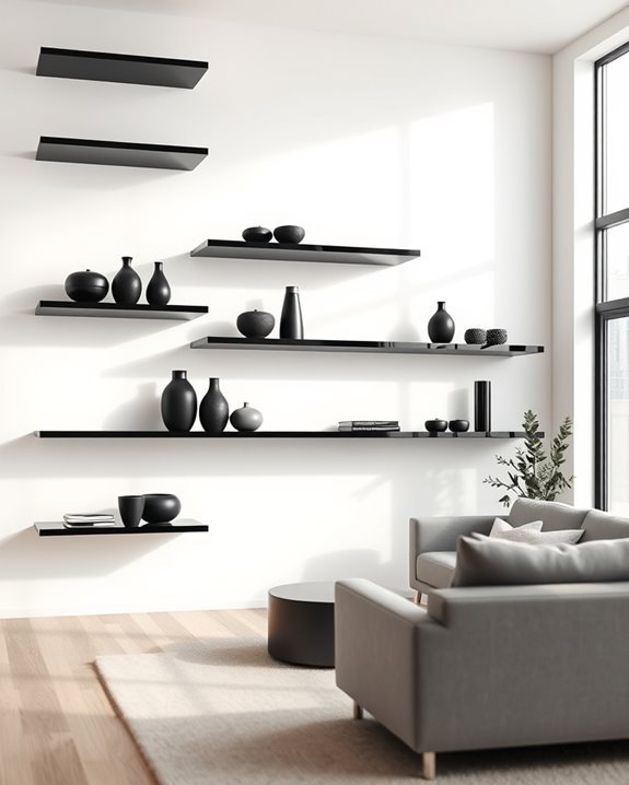 sleek black glass shelves
