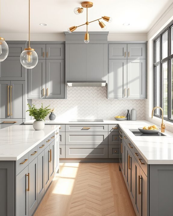sophisticated grey cabinets lighting