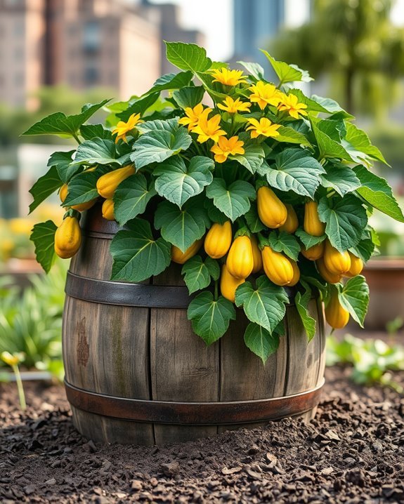 squash growing in barrels