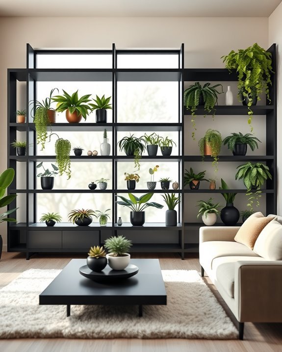 stylish black shelves display greenery