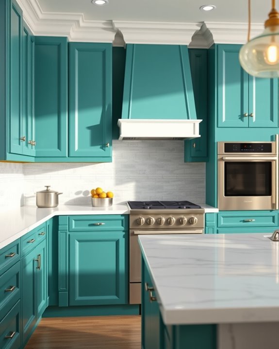 teal cabinets with white molding