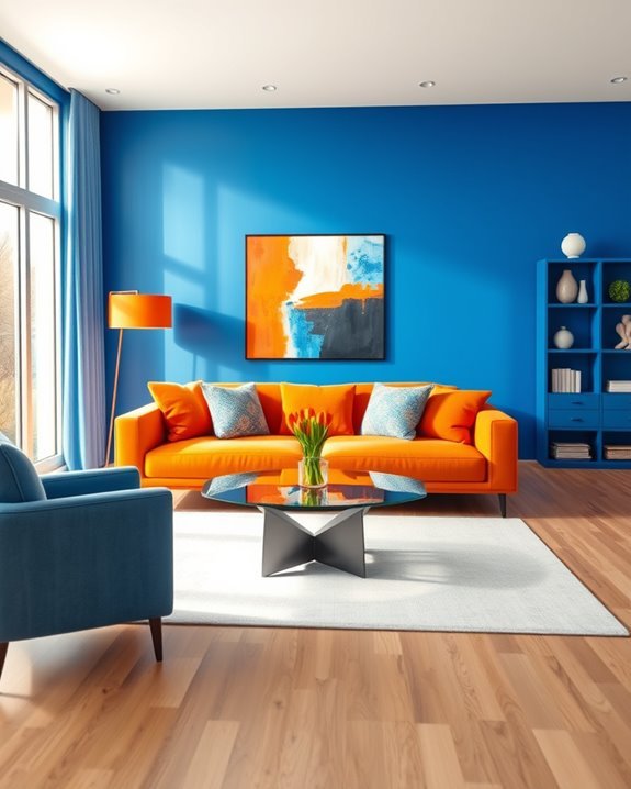 vibrant blue and orange decor