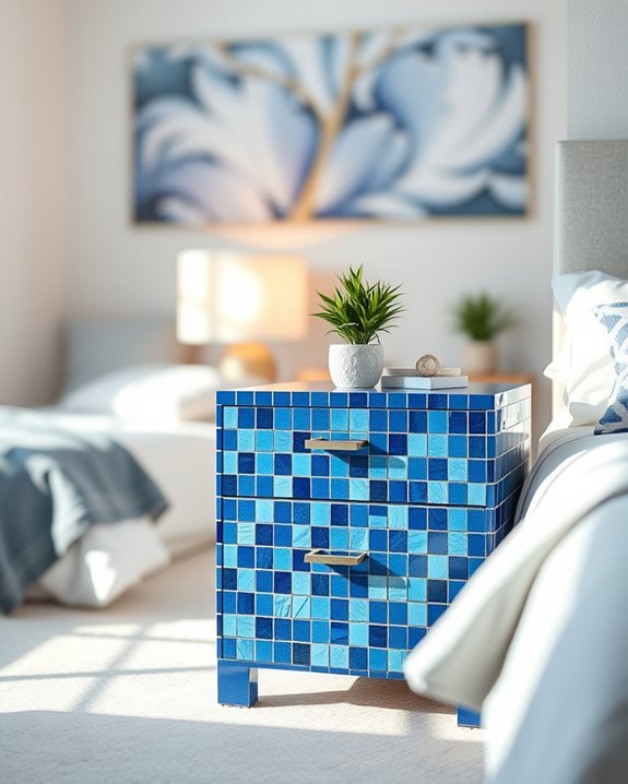 vibrant blue mosaic nightstand