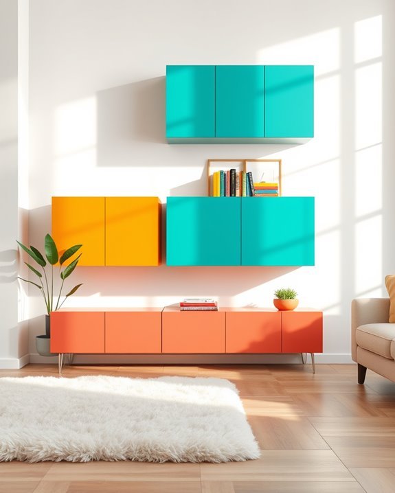 vibrant colorful floating cabinets