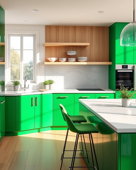 vibrant green kitchen cabinets
