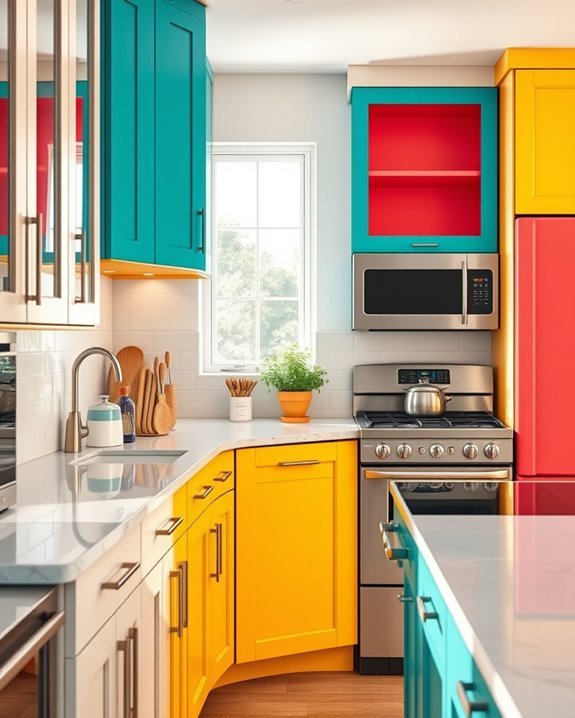 vibrant painted cabinet interiors