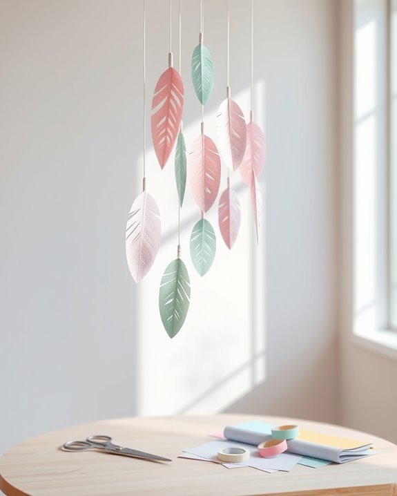 whimsical paper feather mobile