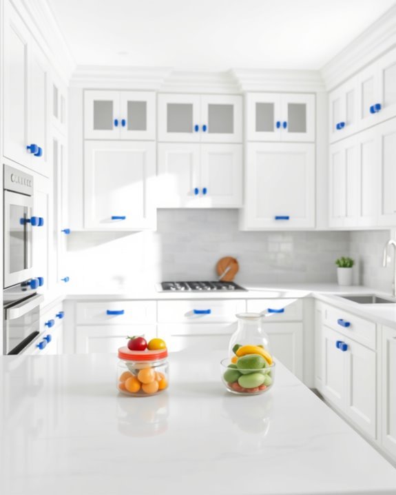 white cabinets blue hardware